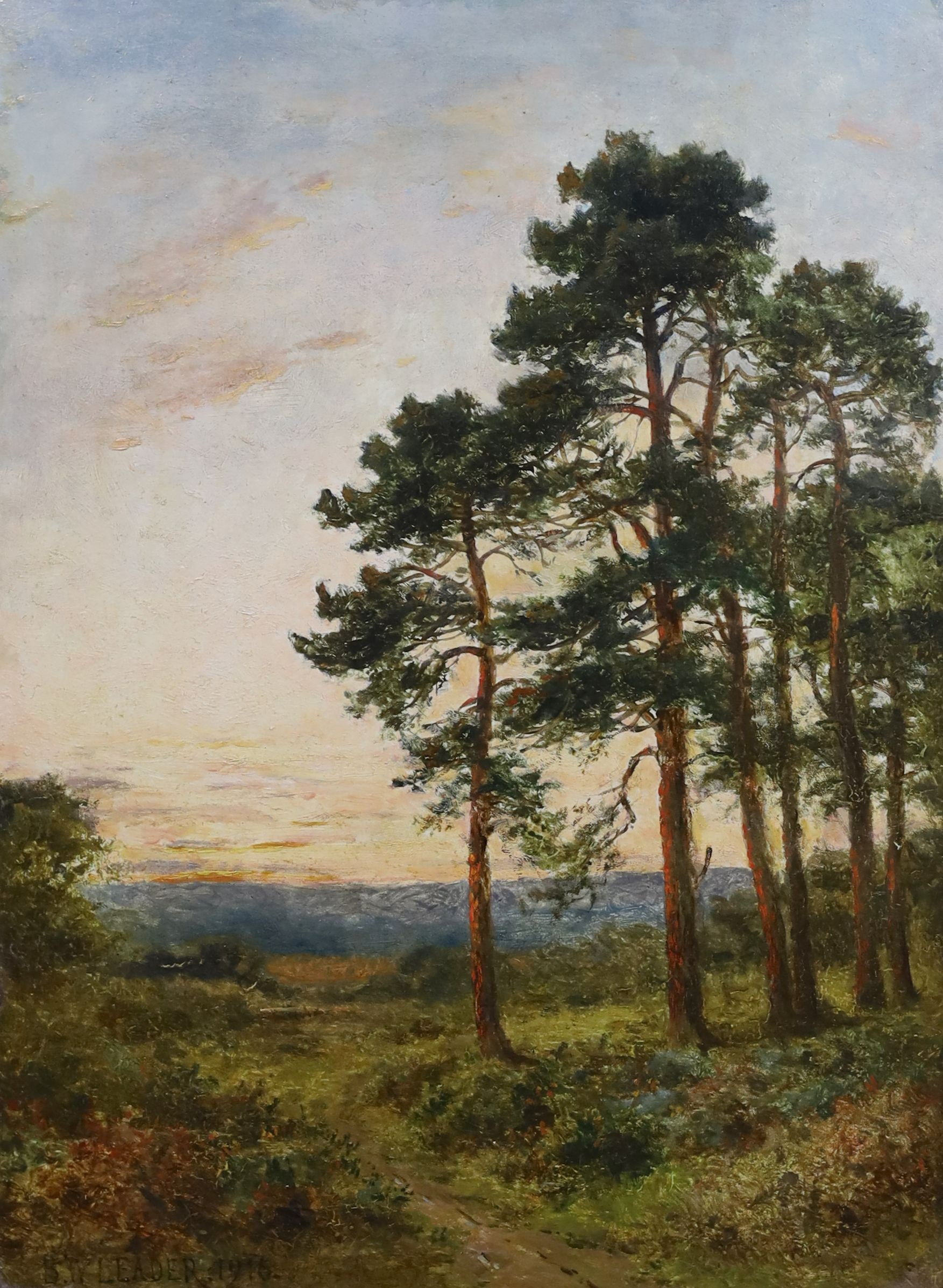 Benjamin Williams Leader (1831-1923), Landscape at sunset with pine trees, Oil on board, 42 x 32cm.